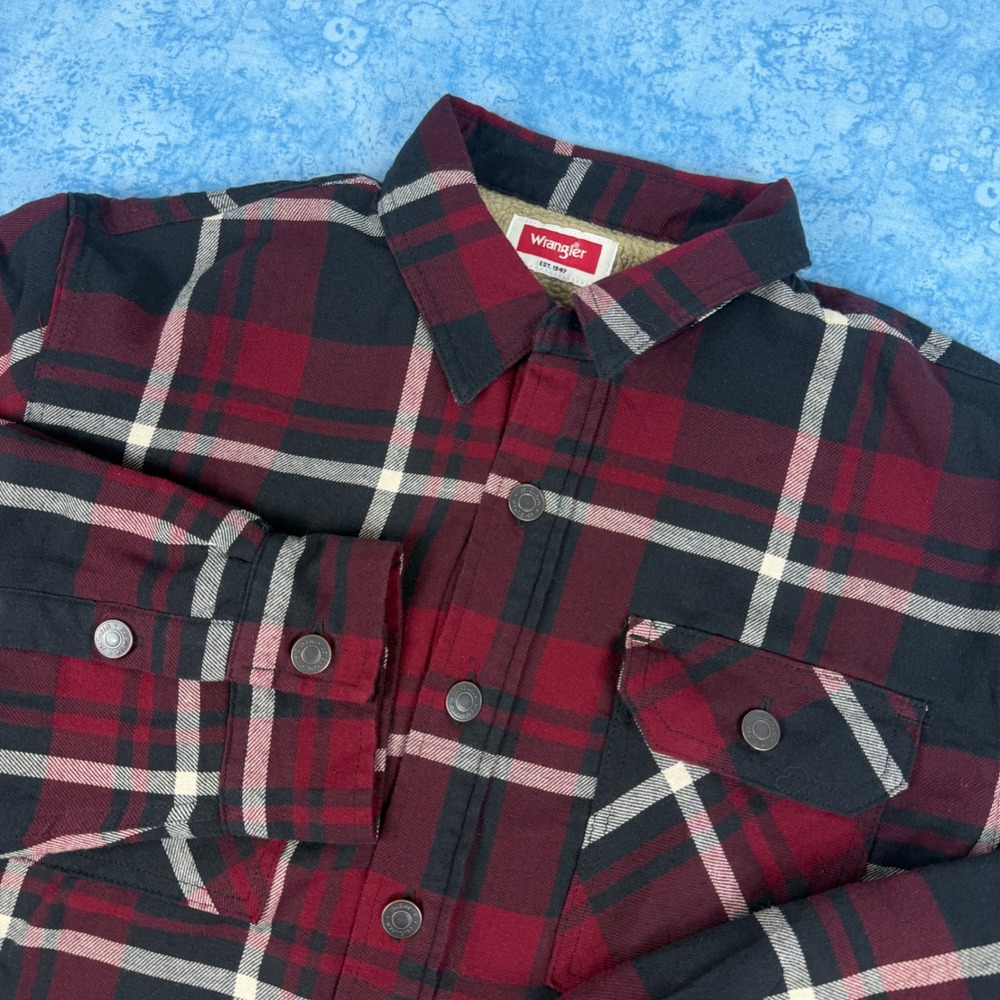 Wrangler Sherpa Lined Plaid Flannel Shirt Jacket Mens Red Black Medium Fits XL